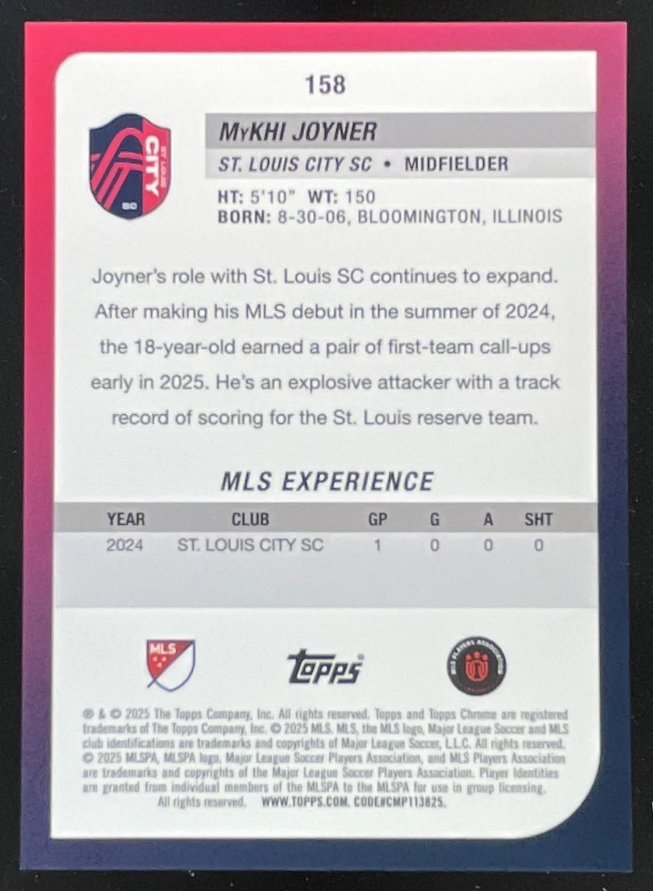 2025 Topps Chrome MLS Sapphire Red Refractor #158 MyKhi Joyner RC /5 - Image 2
