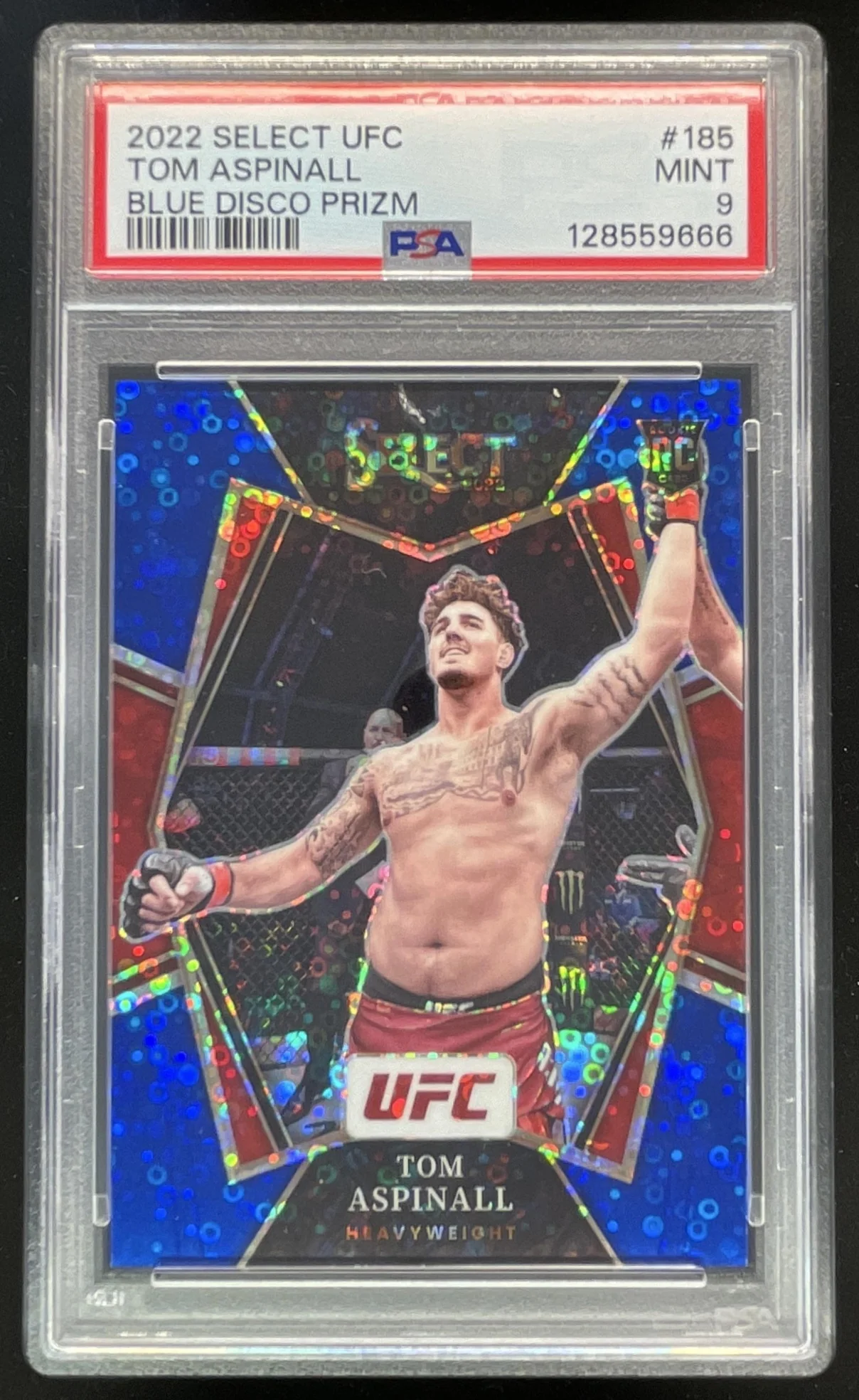 2022 Select UFC Blue Disco Prizms #185 Tom Aspinall RC Premier Level /49 PSA 9