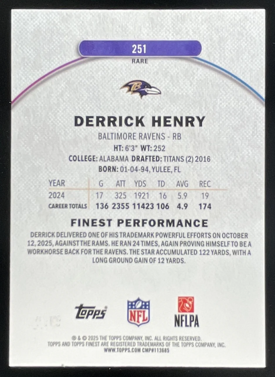 2025 Topps Finest Rare Blue Refractor #251 Derrick Henry /99 - Image 2