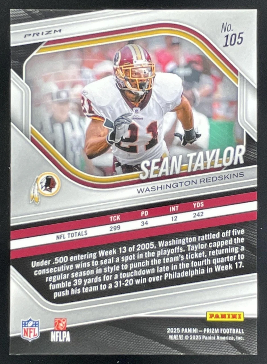 2025 Panini Prizm Black & White Checker Prizm #105 Sean Taylor - Image 2