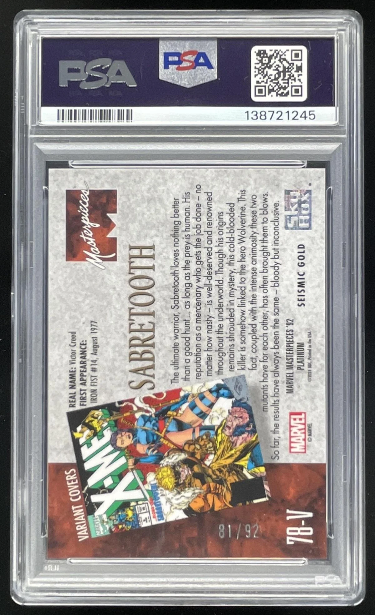 2024 UD Marvel Masterpieces '92 Variant Cover Seismic Gold Sabretooth /92 PSA 9 - Image 2