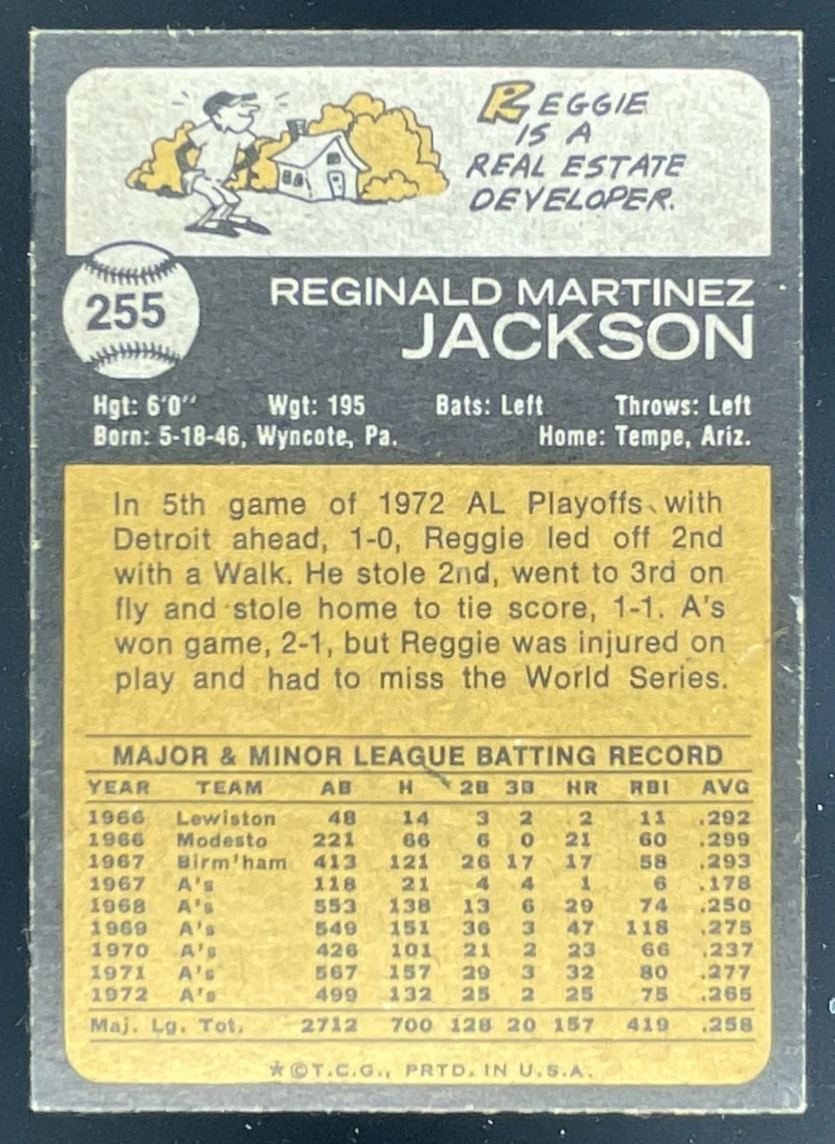 1973 Topps #255 Reggie Jackson - Image 2