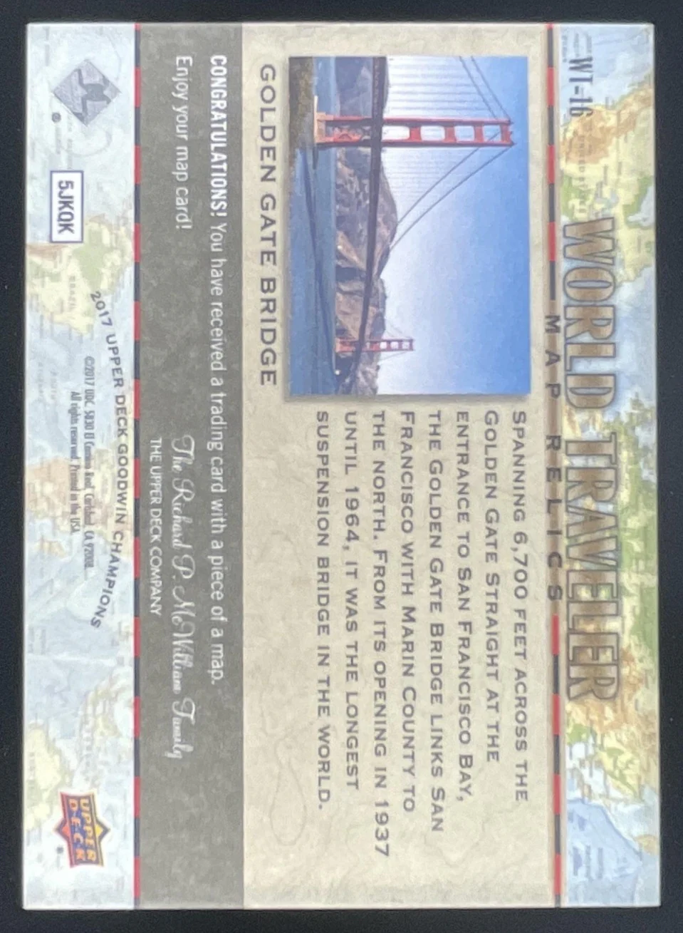2017 Goodwin Champions World Traveler Map Relics #WT-16 Golden Gate Bridge, U - Image 2