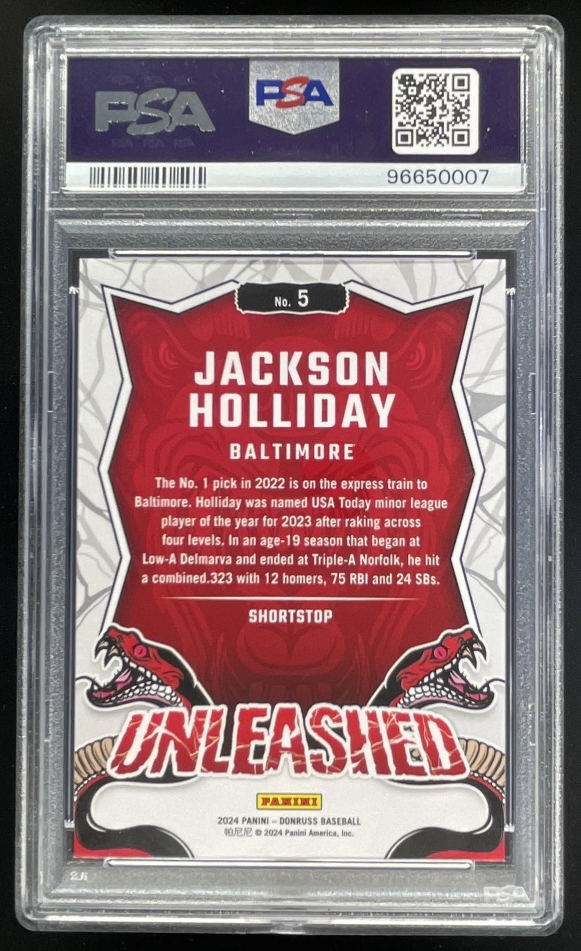 2024 Panini Donruss Unleashed Blue Xplosion #5 Jackson Holliday RC /49 PSA 9 - Image 2
