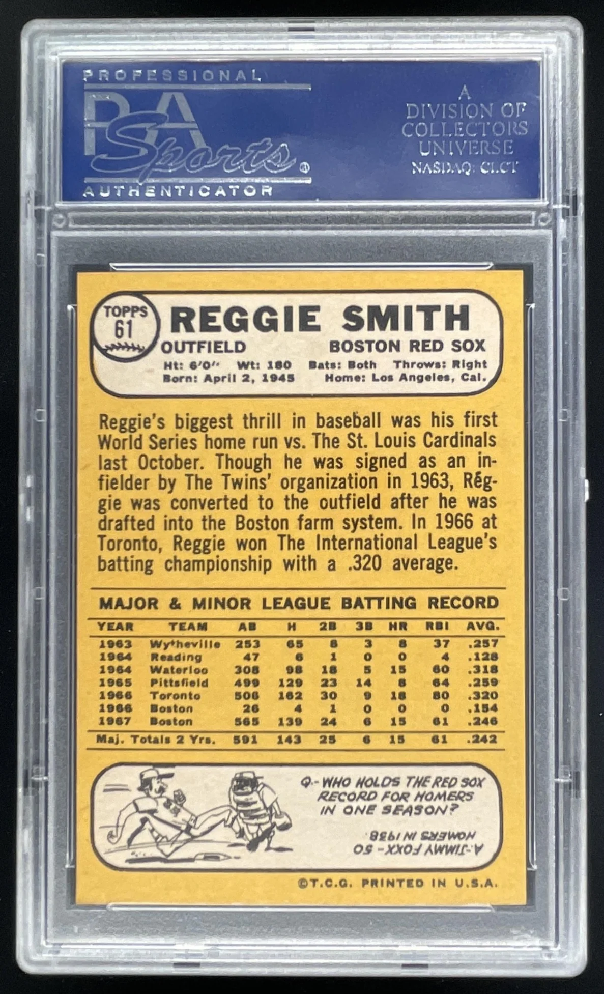 1968 Topps #61 Reggie Smith PSA 9 - Image 2