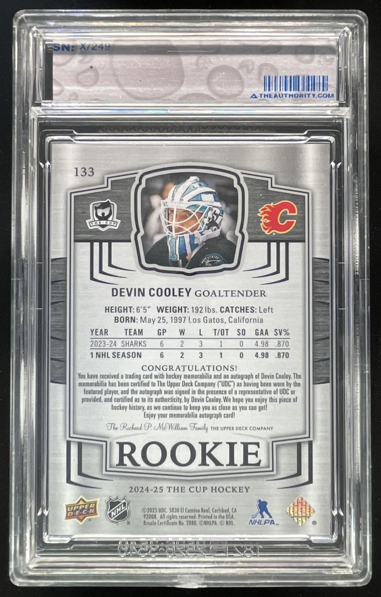 2024-25 Upper Deck The Cup #133 Devin Cooley Rookie Patch Auto RC /249 - Image 2