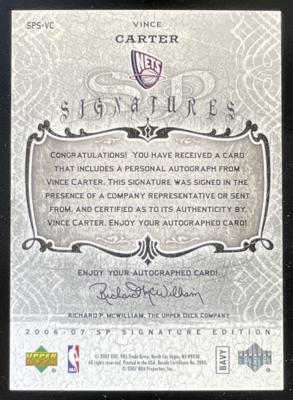 2006-07 SP Signature Edition Signatures #SPS-VC Vince Carter Auto - Image 2