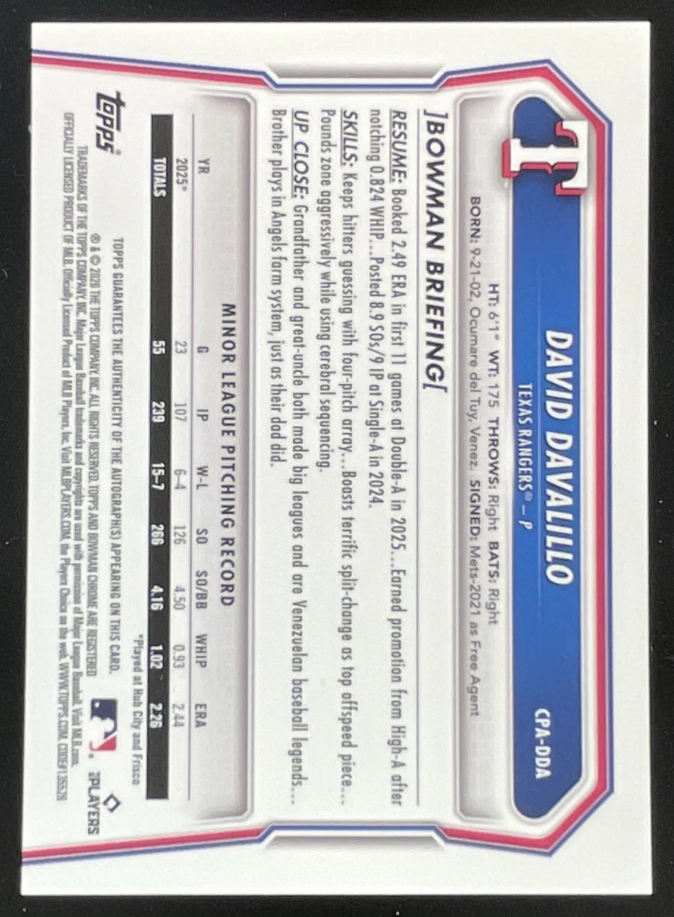 2026 Bowman Chrome Prospect Green Lava #CPA-DDA David Davalillo RC Auto /99 - Image 2