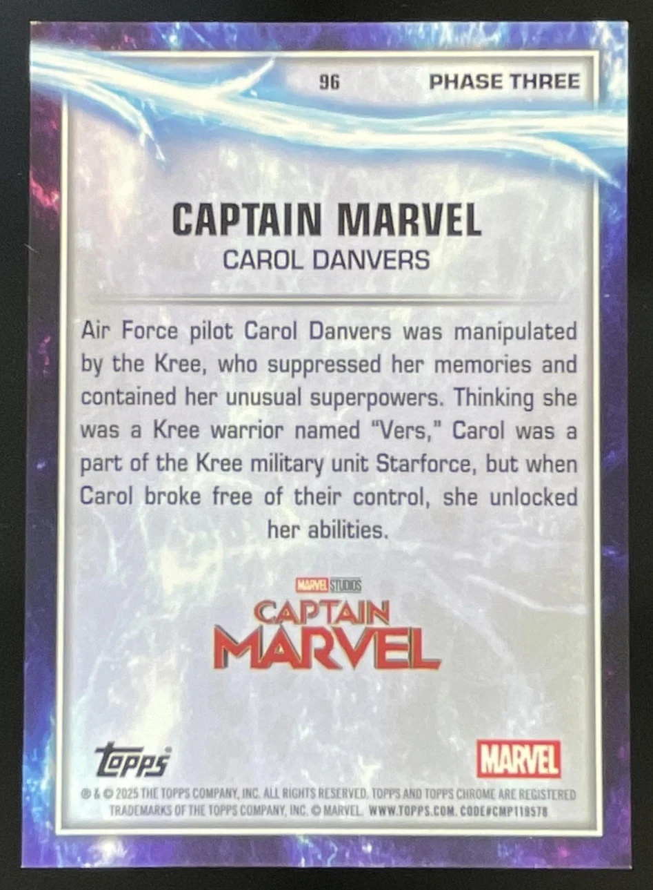 2025 Topps Chrome Marvel Studios Red Wave Refractor #96 Captain Marvel /5 - Image 2