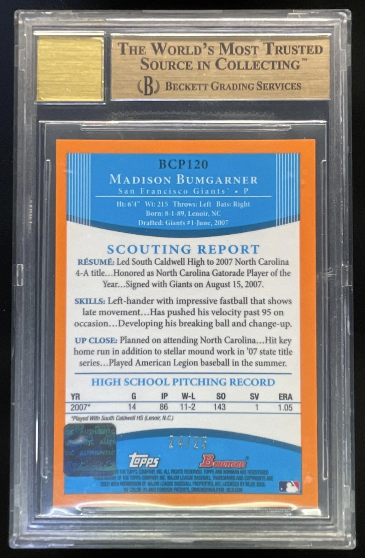 2008 Bowman Autographed Chrome Orange #BCP120 Madison Bumgarner Auto /25 BGS 9.5 - Image 2