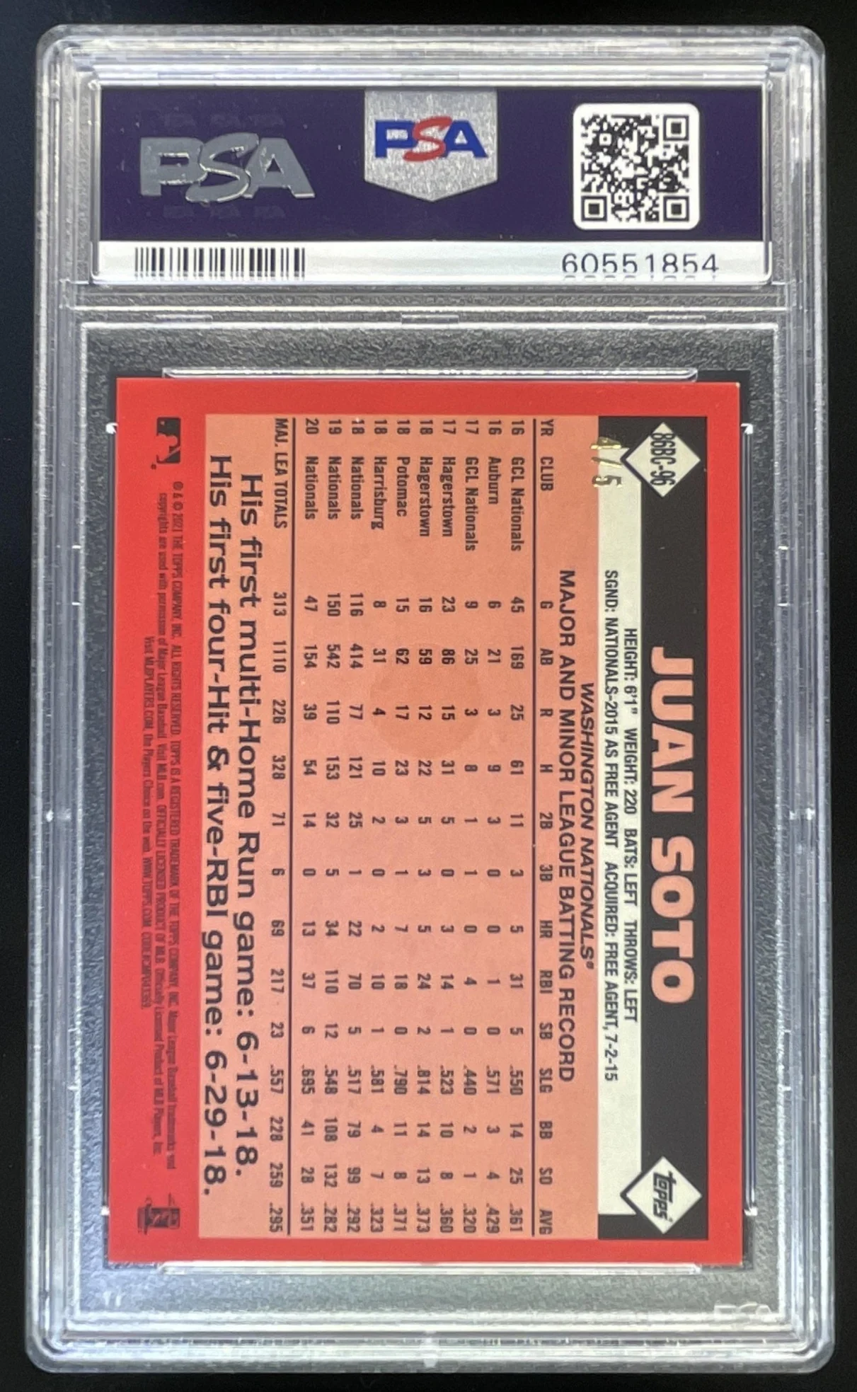 2021 Topps Silver Pack Red Refractor #86BC-96 Juan Soto /5 PSA 9 - Image 2