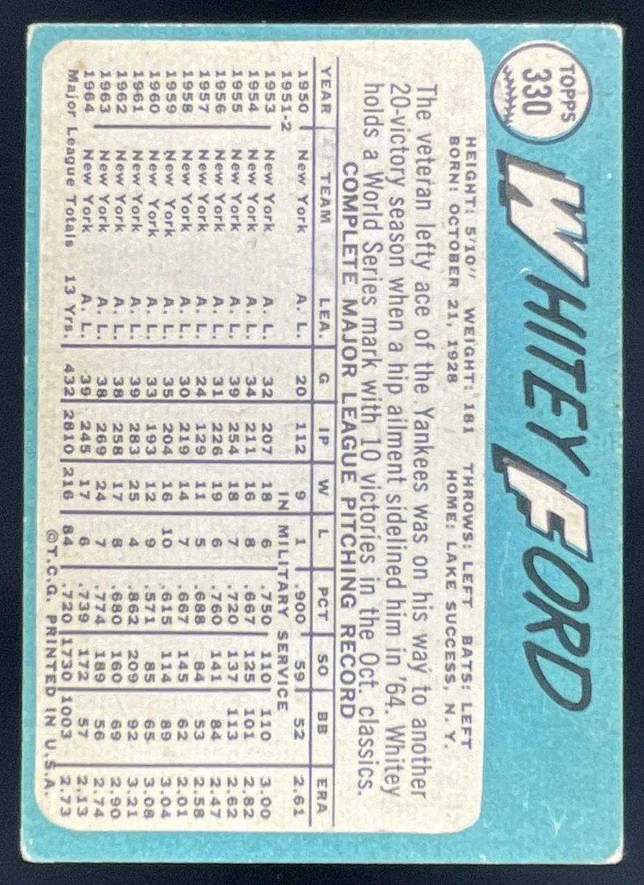 1965 Topps #330 Whitey Ford - Image 2