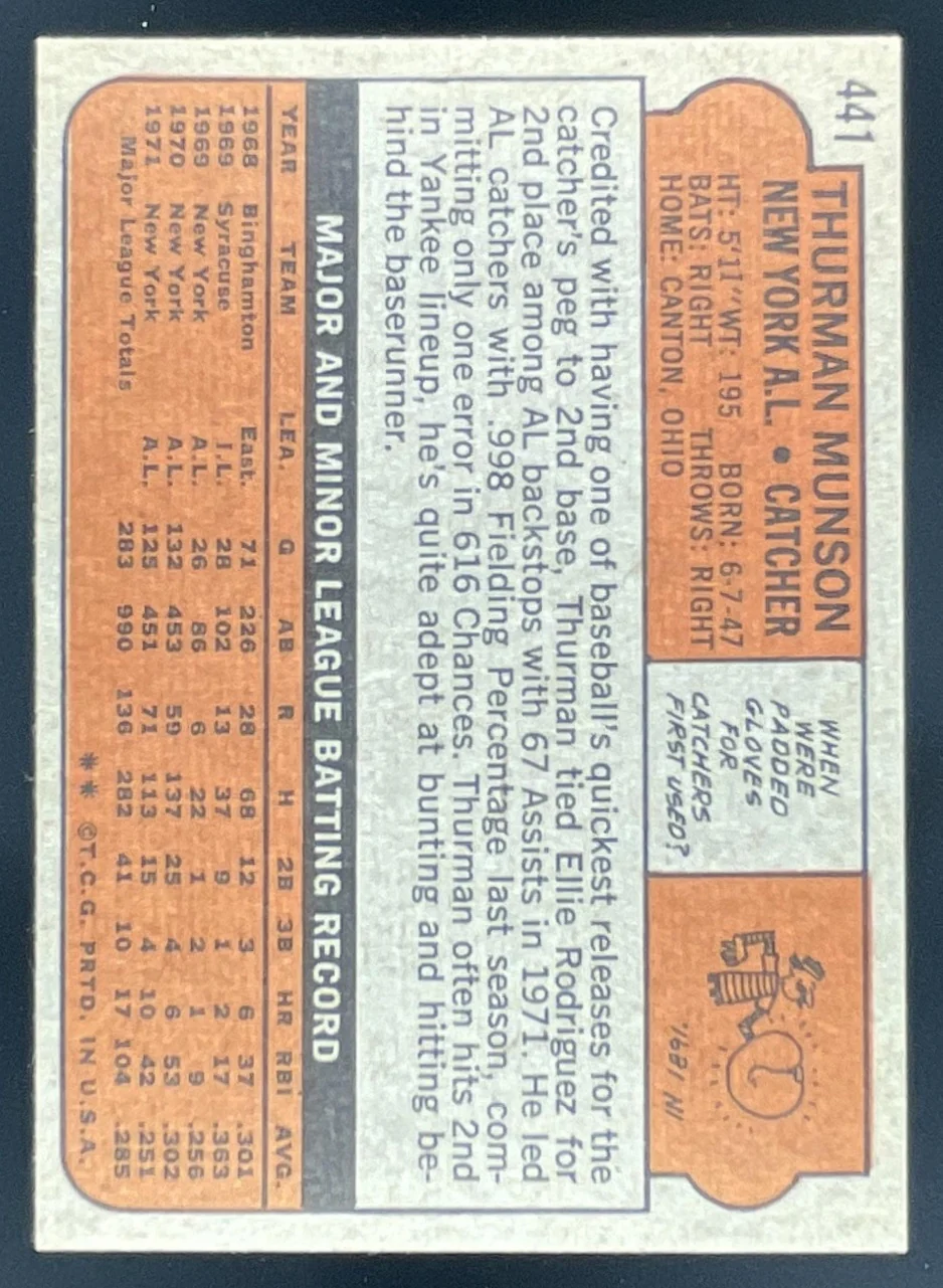 1972 Topps #441 Thurman Munson - Image 2