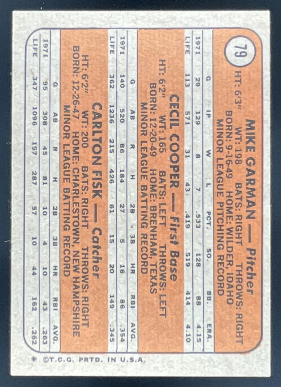 1972 Topps #79 Red Sox Rookie Stars Mike Garman Cecil Cooper Carlton Fisk RC - Image 2