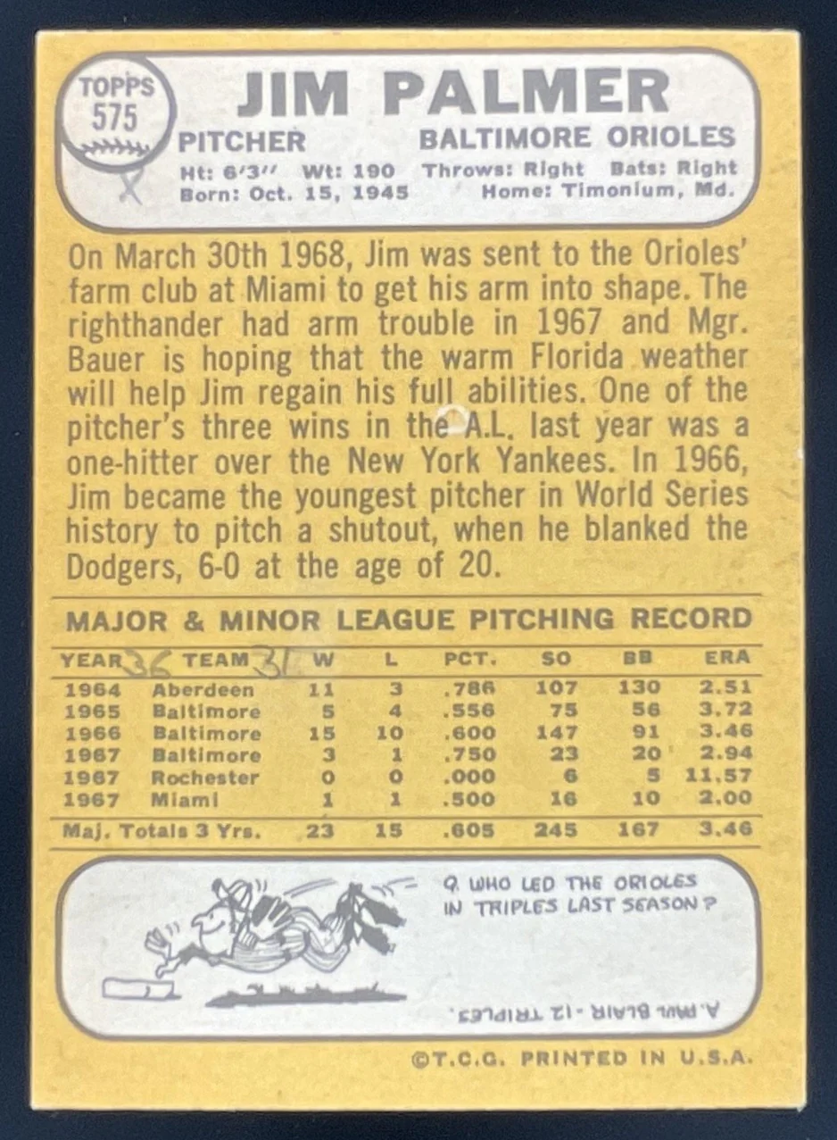 1968 Topps #575 Jim Palmer - Image 2