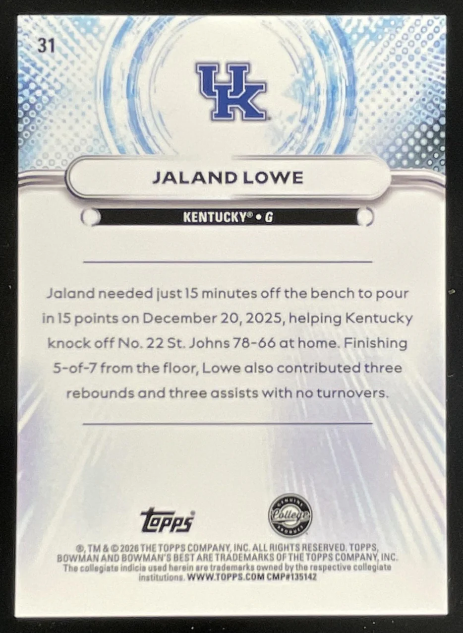 2025-26 Bowman Best University Red Refractor #31 Jaland Lowe /5 - Image 2