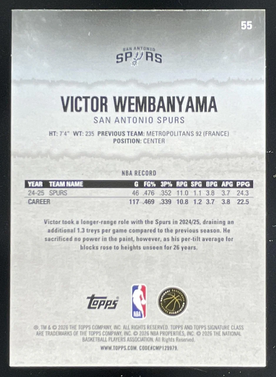 2025-26 Topps Signature Class Veteran Class Yellow Foil Victor Wembanyama /399 - Image 2