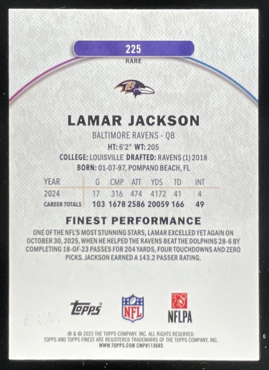 2025 Topps Finest Rare Purple X-Fractor #225 Lamar Jackson /75 - Image 2