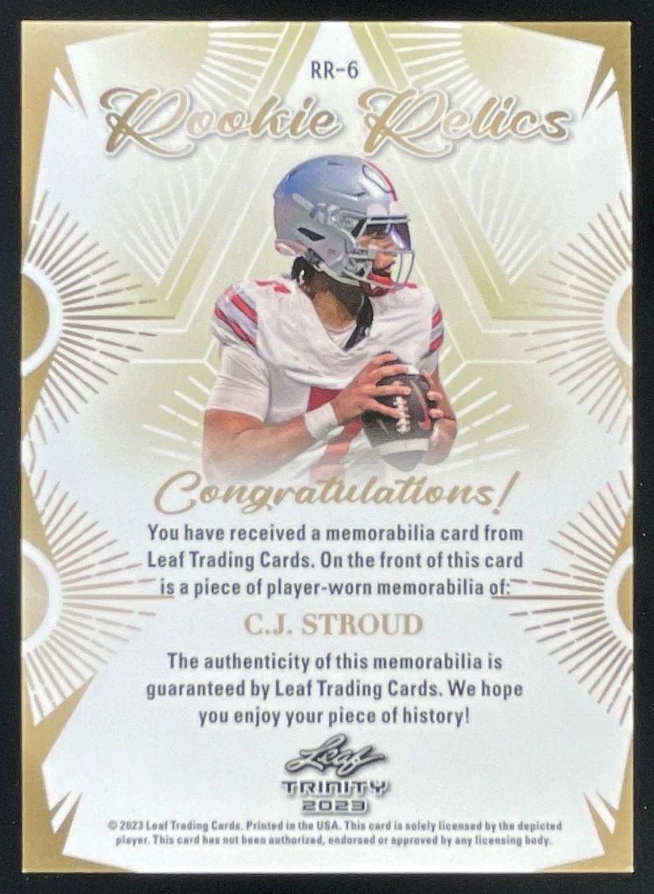 2023 Leaf Trinity Mega Box Rookie Relic Gold #RR-6 C.J. Stroud MEM RC - Image 2
