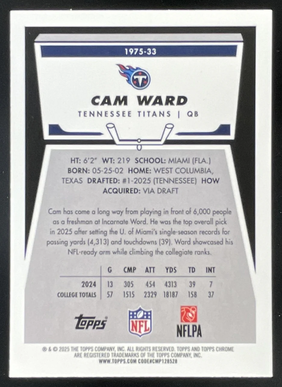 2025 Topps Chrome 1975 Topps Blue Refractor #1975-33 Cam Ward RC /150 - Image 2