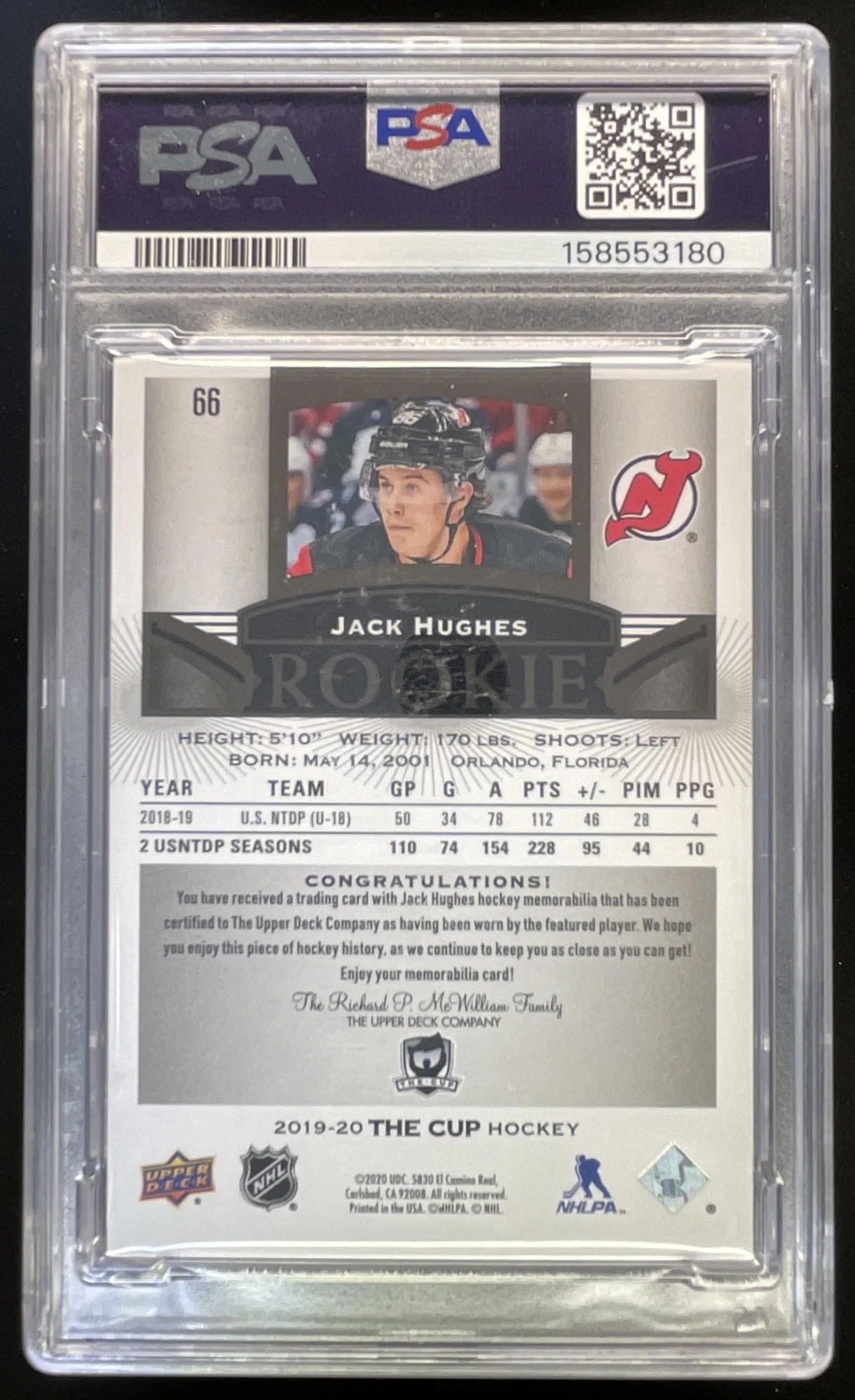 2019-20 Upper Deck The Cup Black Foil Shield #66 Jack Hughes MEM RC 1/1 PSA 7 - Image 2