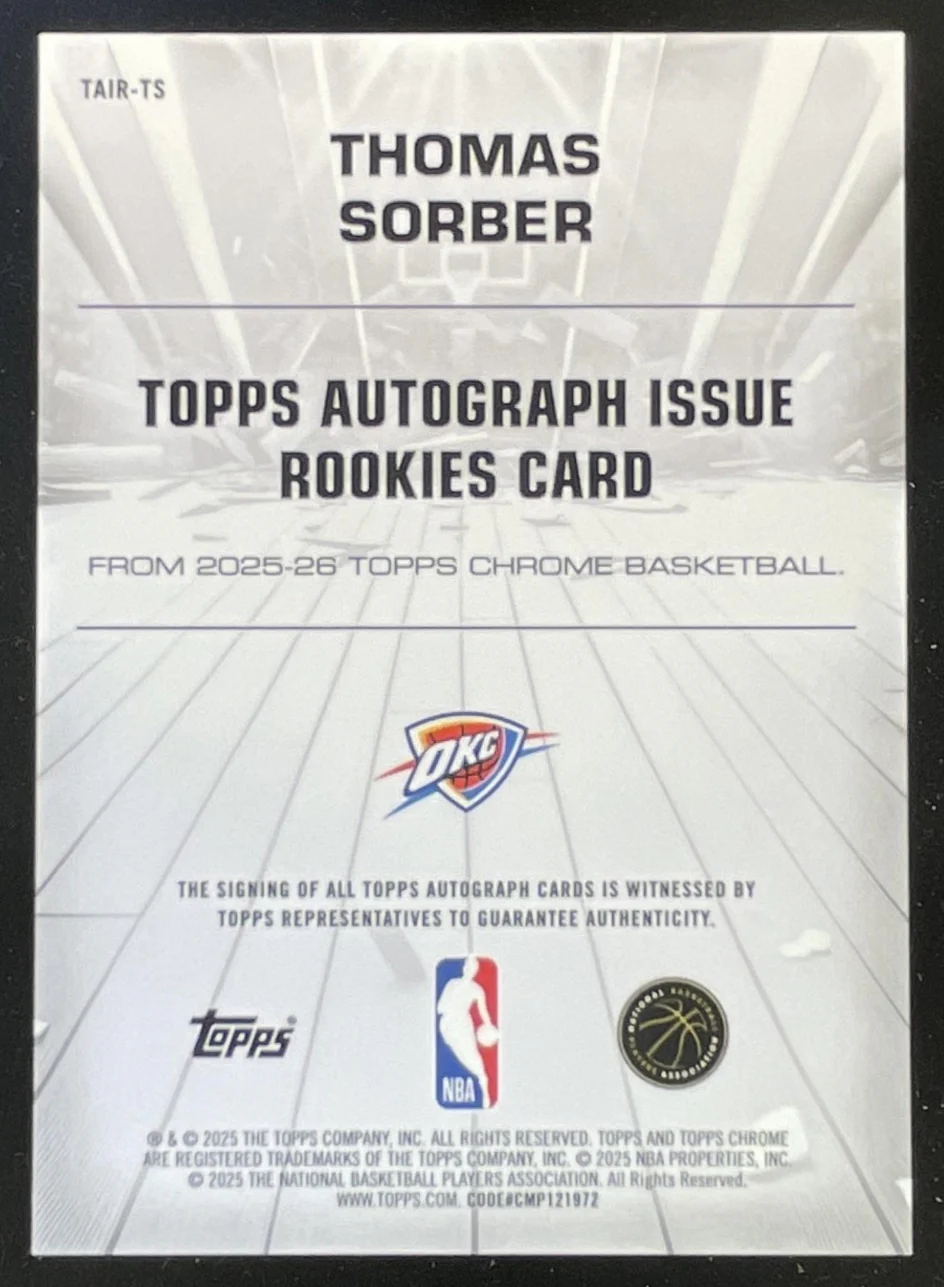 2025-26 Topps Chrome Certified Issue Rookies Blue Thomas Sorber RC Auto /150 - Image 2