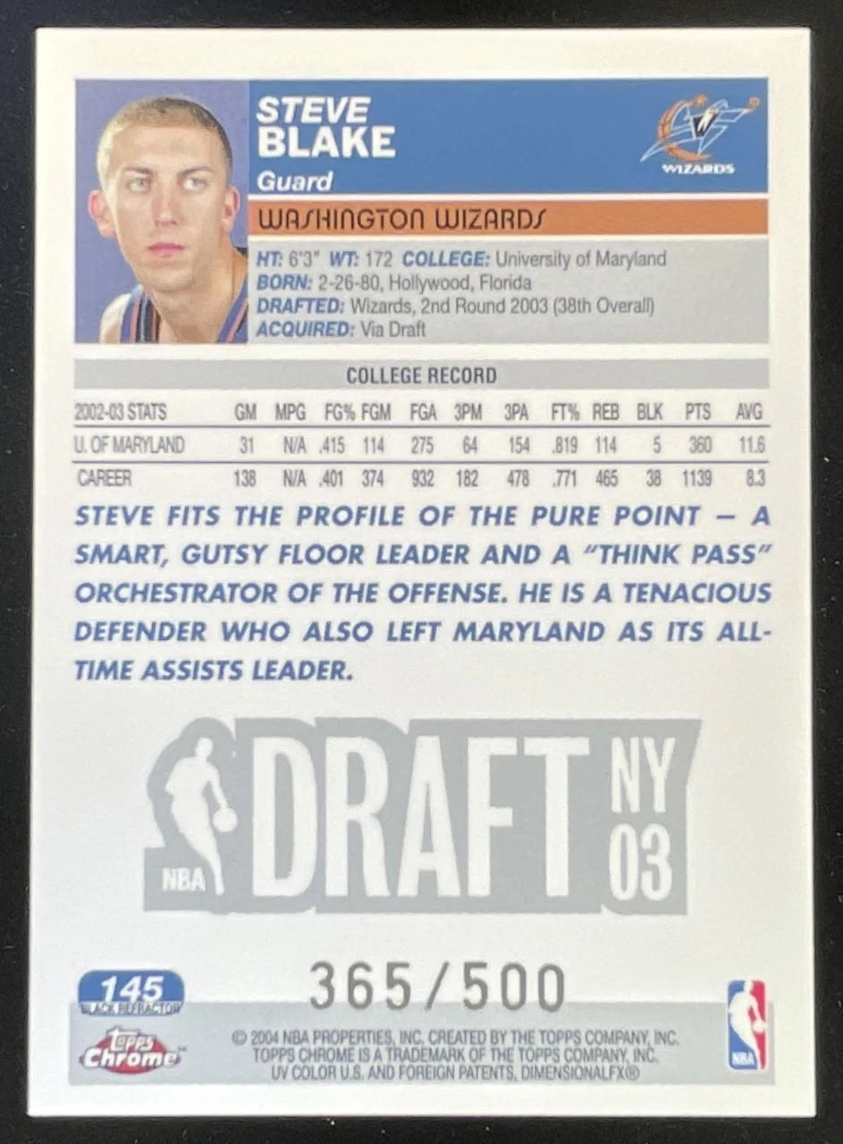 2003-04 Topps Chrome Refractors Black #145 Steve Blake RC /500 - Image 2