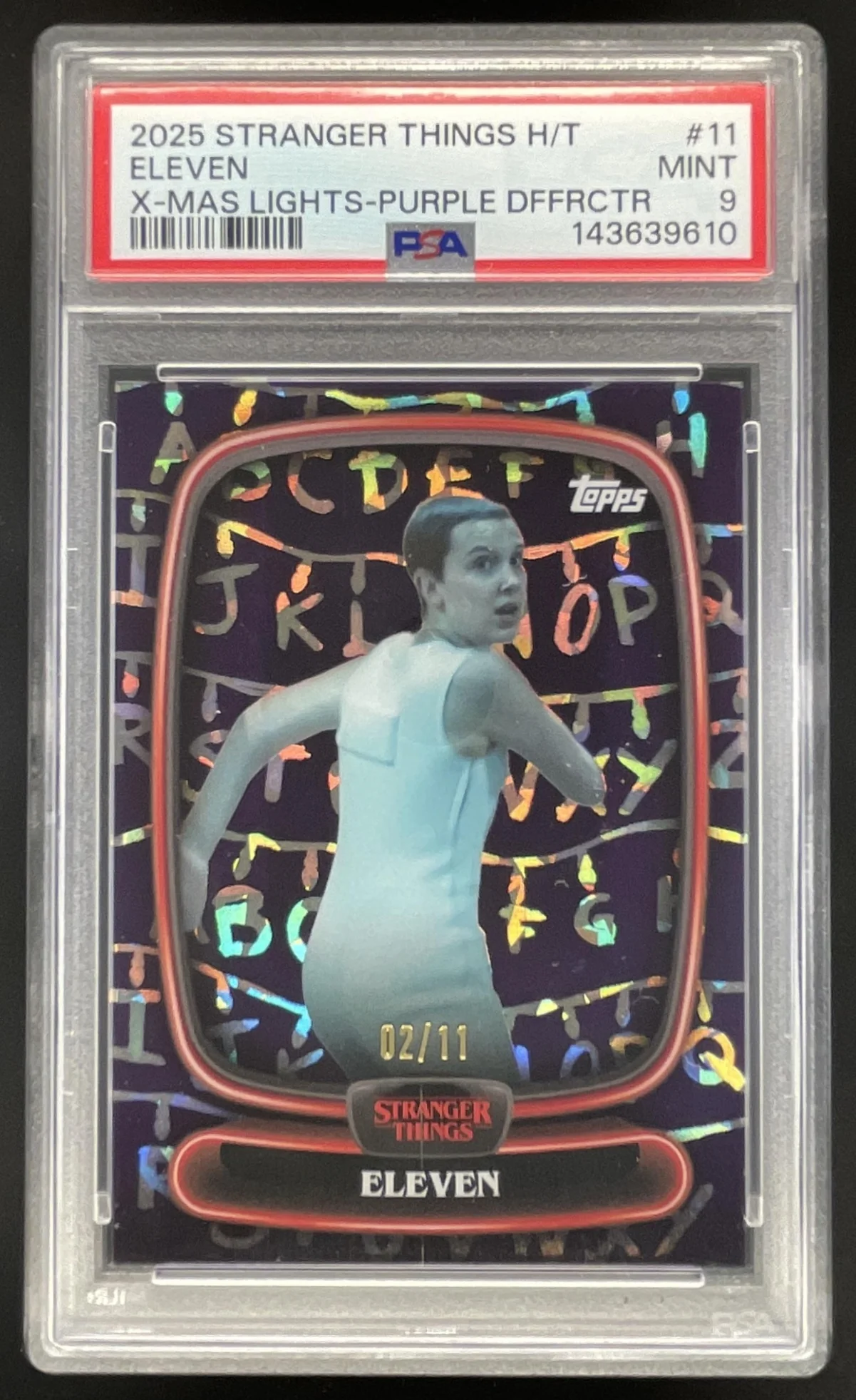 2025 Topps Stranger Things Xmas Lights Palace Arcade Purple Eleven /11 PSA 9