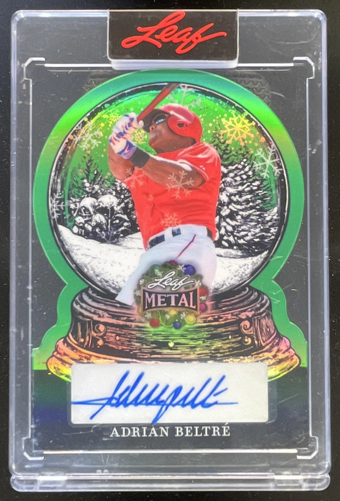 2025 Leaf Metal Happy Holidays Snow Globe Prismatic Green Adrian Beltre Auto /4