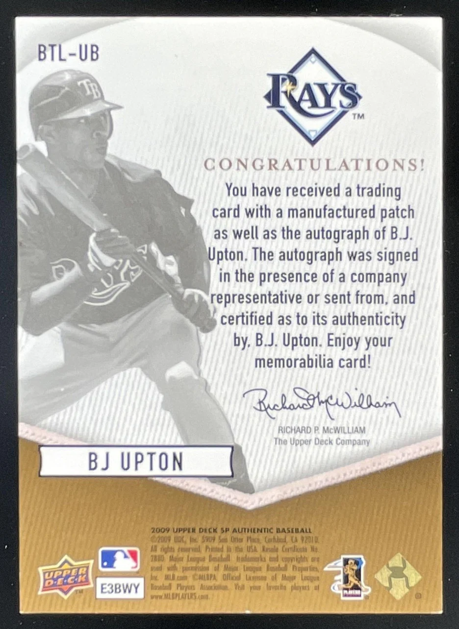2009 SP Authentic By The Letter Signatures #BTL-UBb B.J. Upton Auto /30 - Image 2