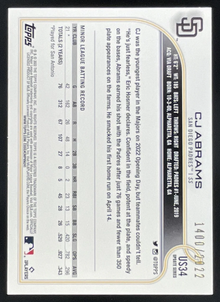 2022 Topps Update Gold #US34 CJ Abrams RC /2022 - Image 2