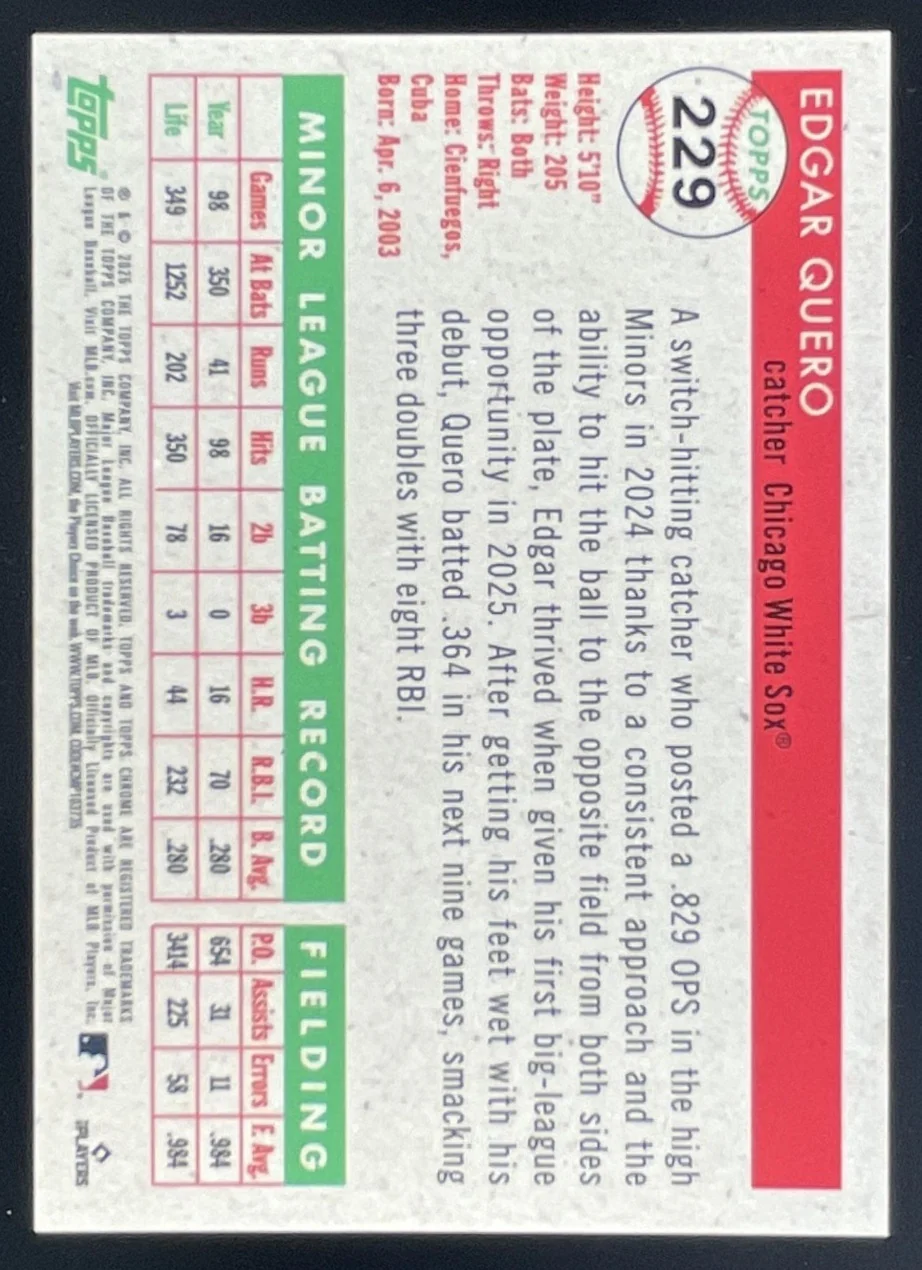 2025 Topps Chrome Platinum Anniversary Toile Cream/Black #229 Edgar Quero RC /10 - Image 2
