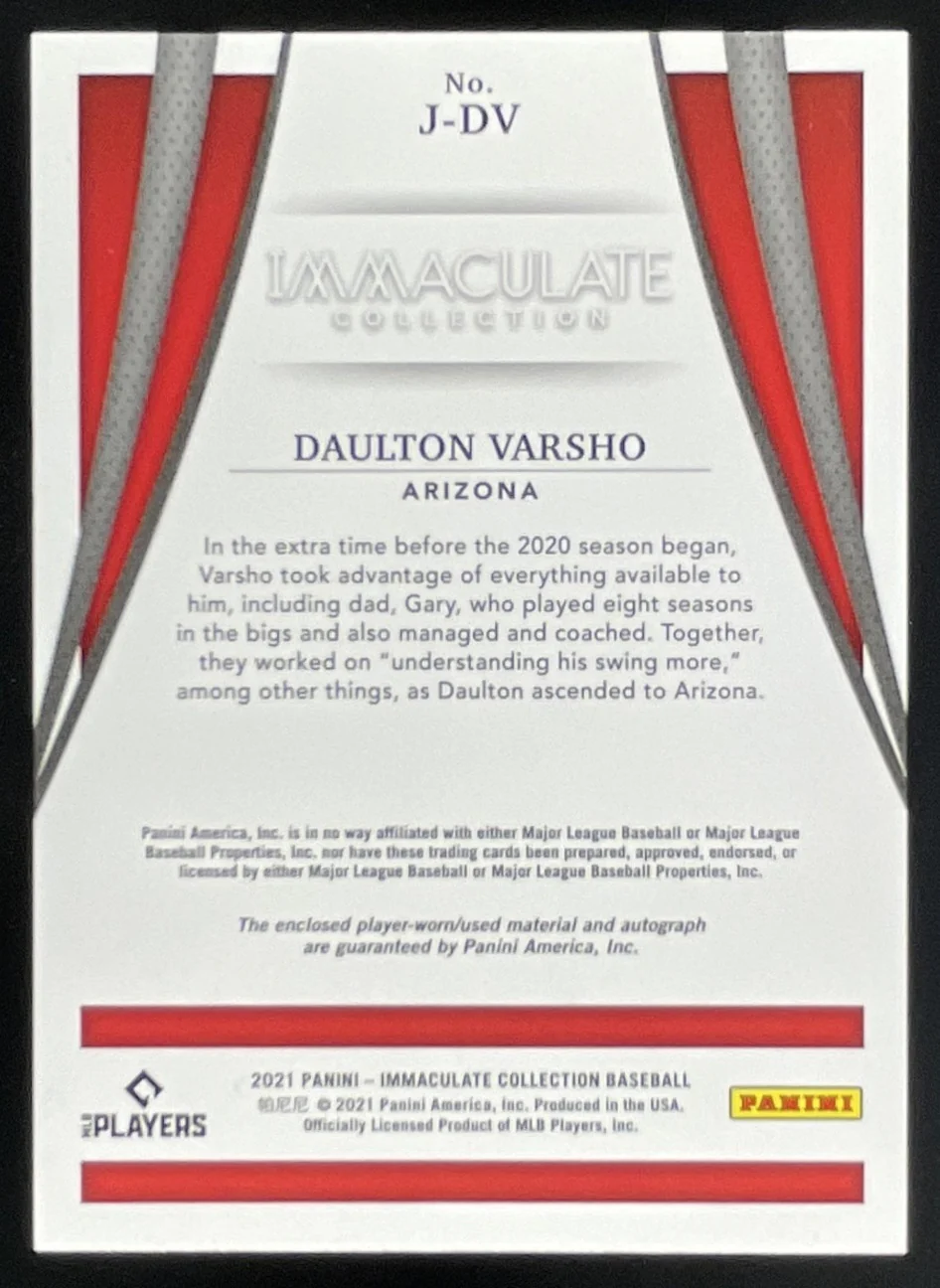 2021 Immaculate Collection Jackets #J-DV Daulton Varsho RC Auto /99 - Image 2