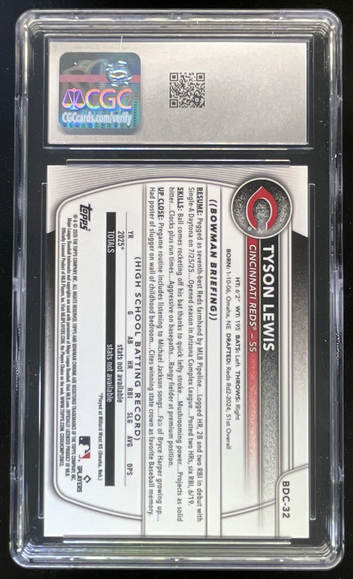 2025 Bowman Draft Chrome Orange Geometric #BDC-32 Tyson Lewis /25 CGC 10 - Image 2
