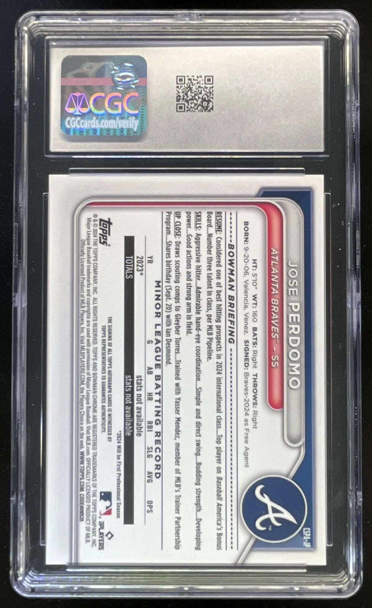 2024 Bowman Chrome Sapphire Prospect Gold #CSPA-JP Jose Perdomo Auto /50 CGC 10 - Image 2