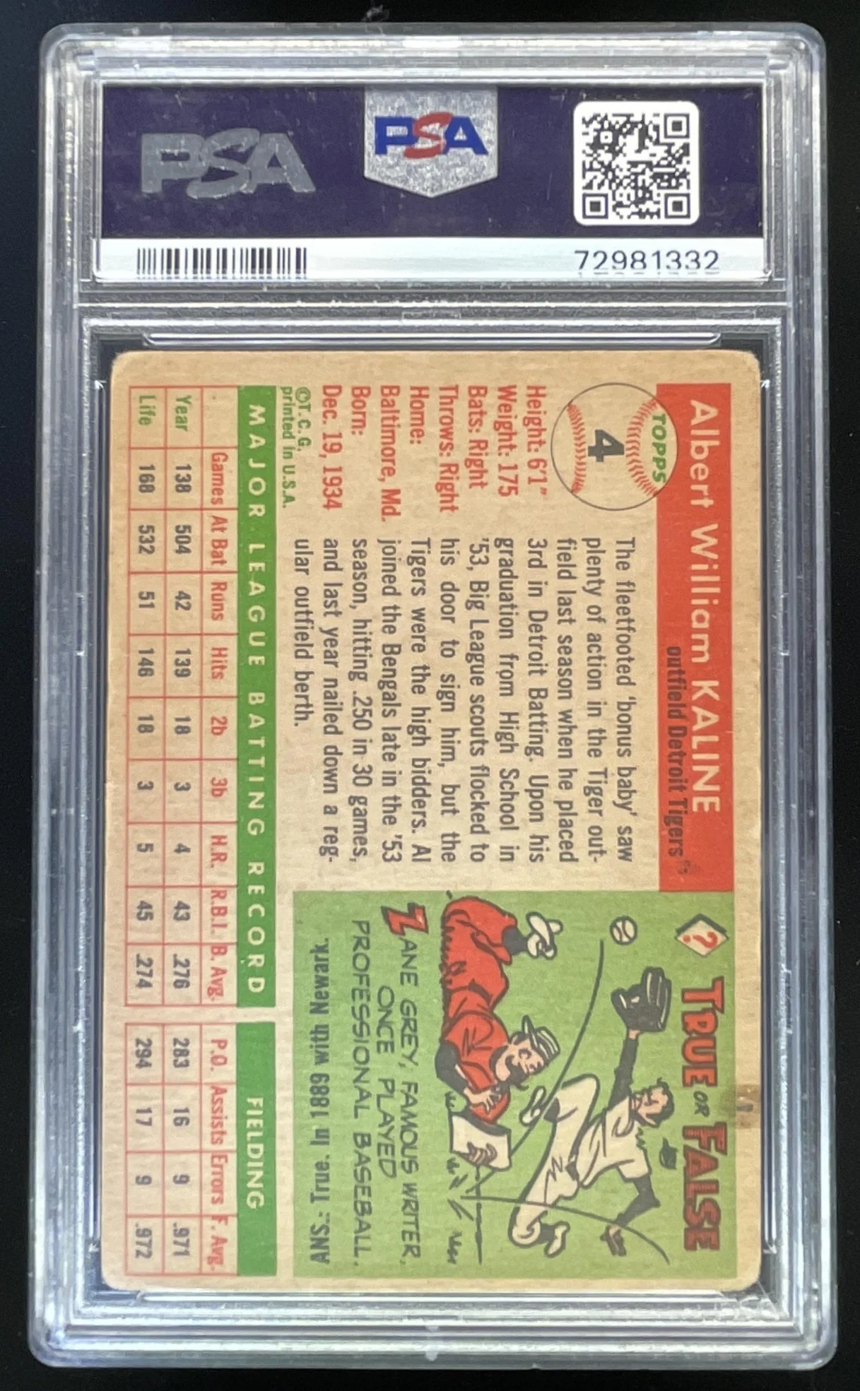 1955 Topps #4 Al Kaline PSA 2 - Image 2