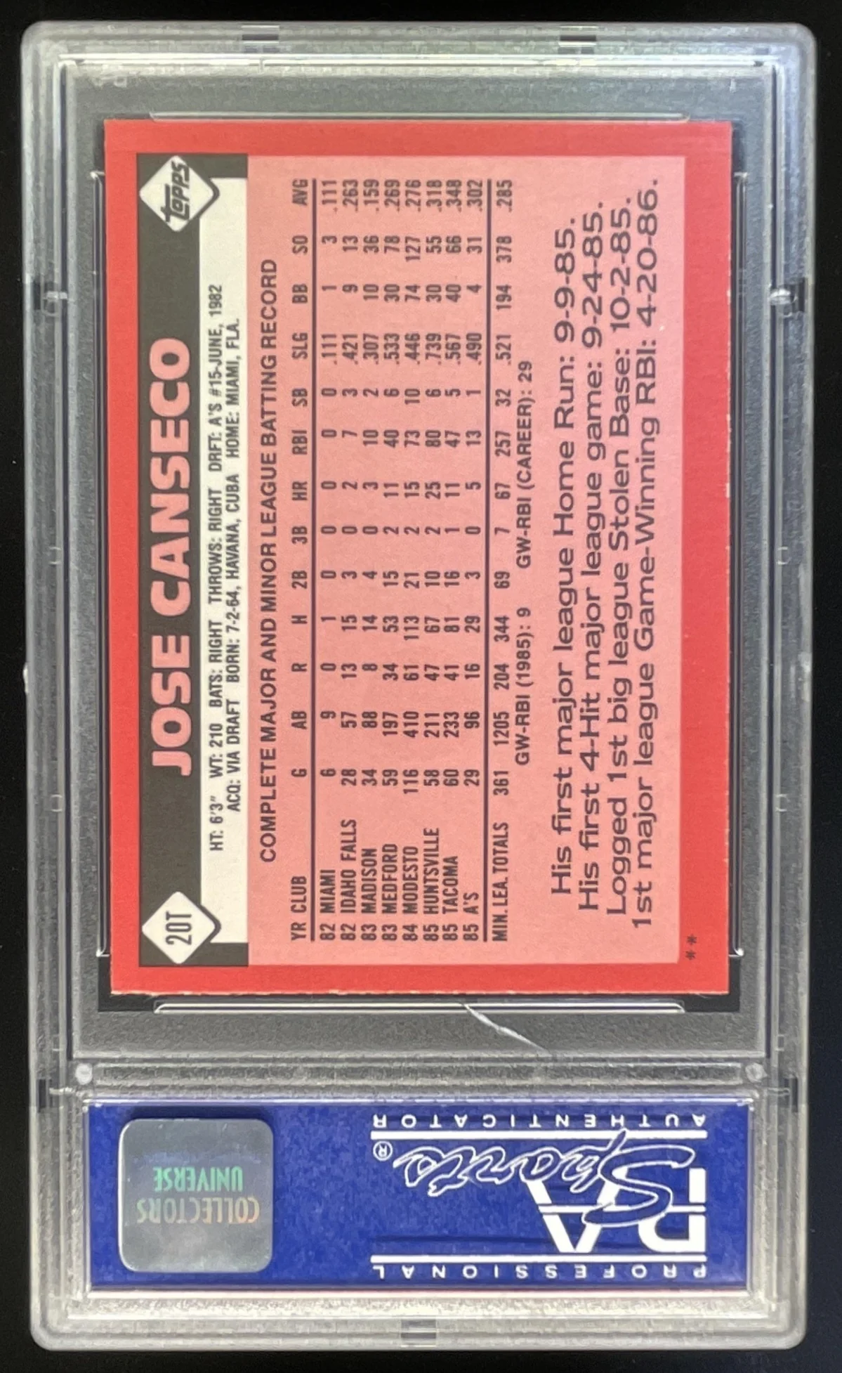 1986 Topps Traded #20T Jose Canseco RC - Image 2