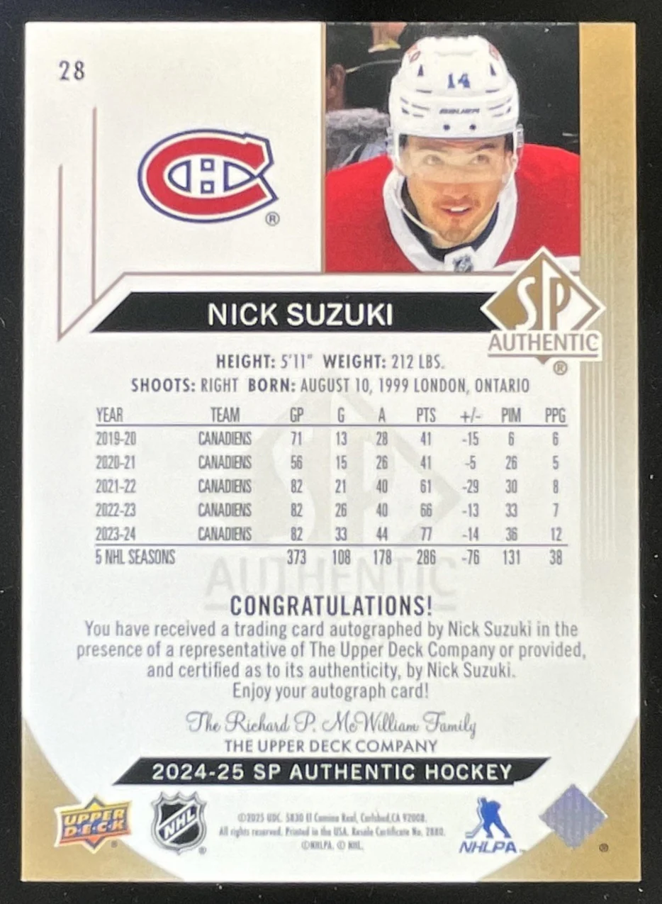 2023 Upper Deck SP Authentic Mystery Black #28 Nick Suzuki SP Autograph Auto - Image 2