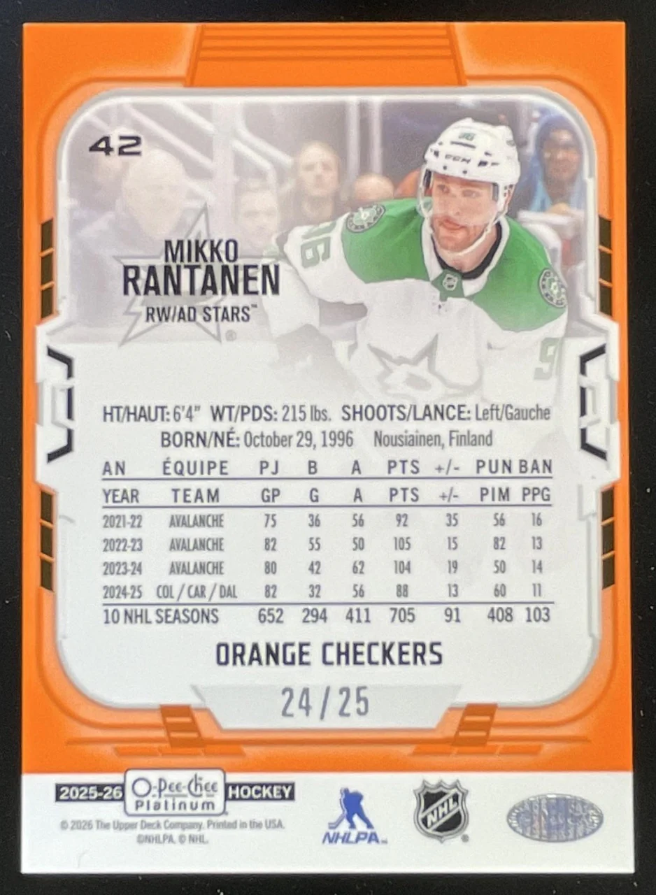 2025-26 O-Pee-Chee Platinum Orange Checkers #42 Mikko Rantanen /25 - Image 2