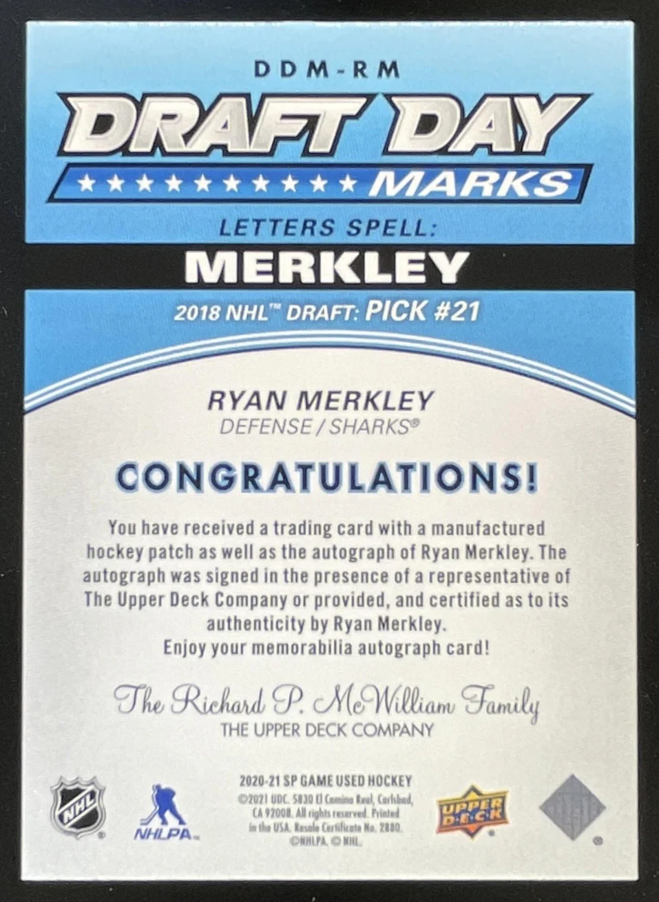 2021-22 SP Game Used Draft Day Marks Rookies #DDM-RM Ryan Merkley Auto /35 - Image 2