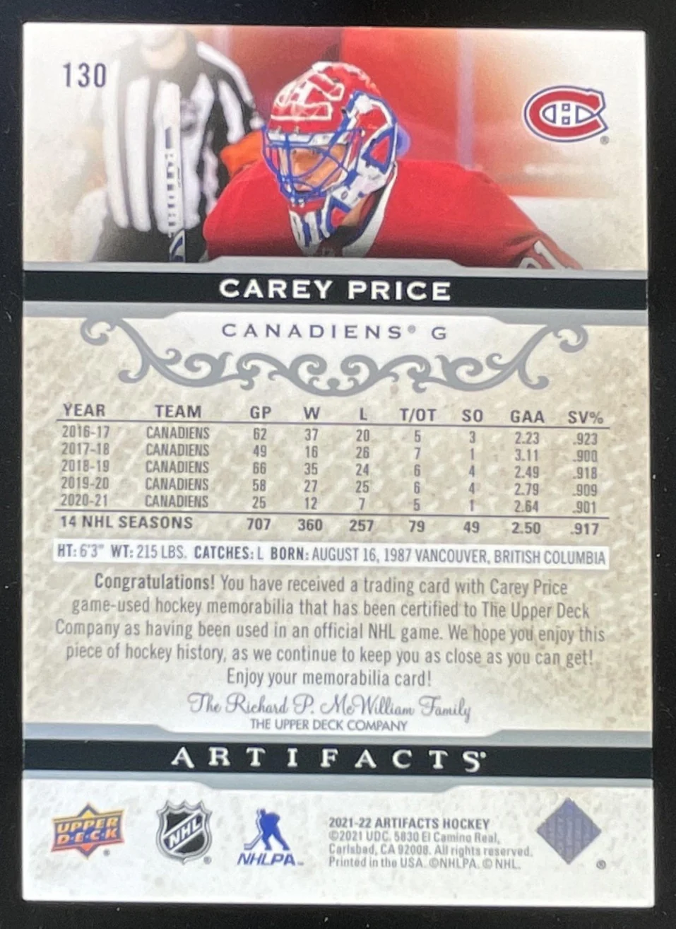 2021-22 Upper Deck Artifacts Horizontal Material #130 Carey Price /149 - Image 2