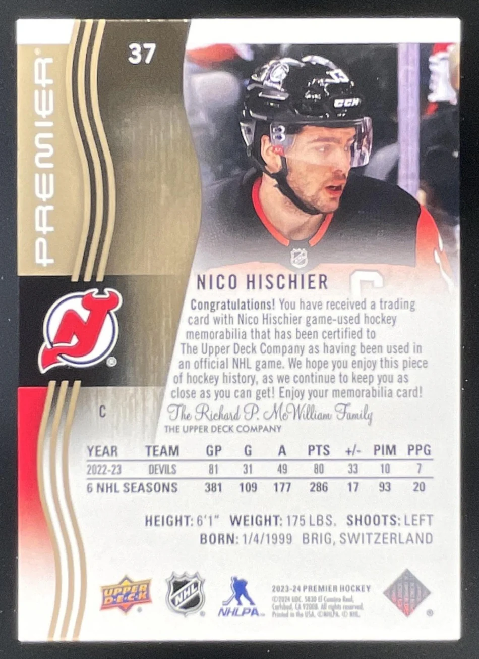 2023-24 Upper Deck Premier Memorabilia Premium #37 Nico Hischier /25 - Image 2
