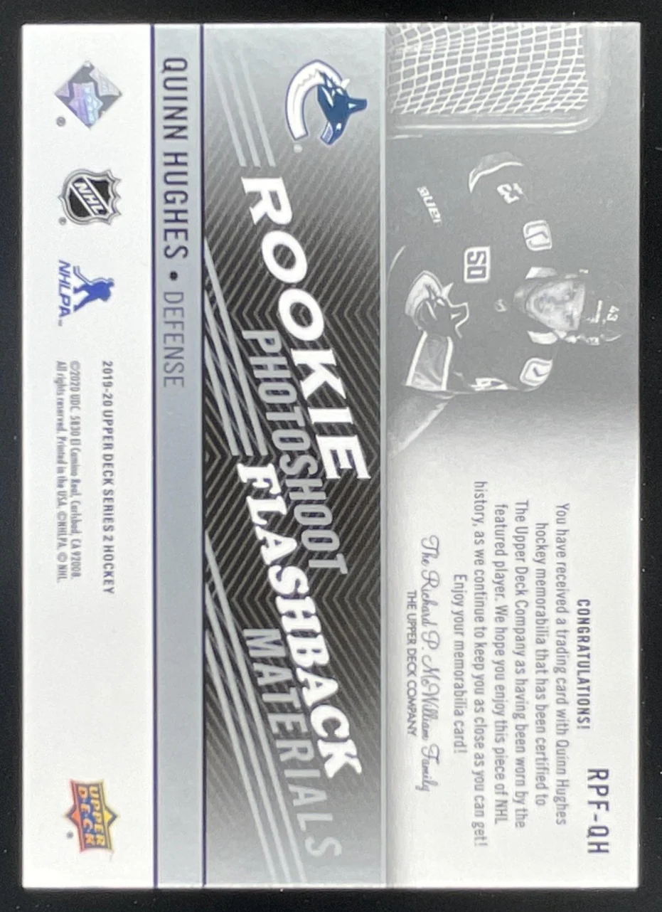 2019-20 Upper Deck Rookie Photoshoot Flashback Materials #RPF-QH Quinn Hughes RC - Image 2