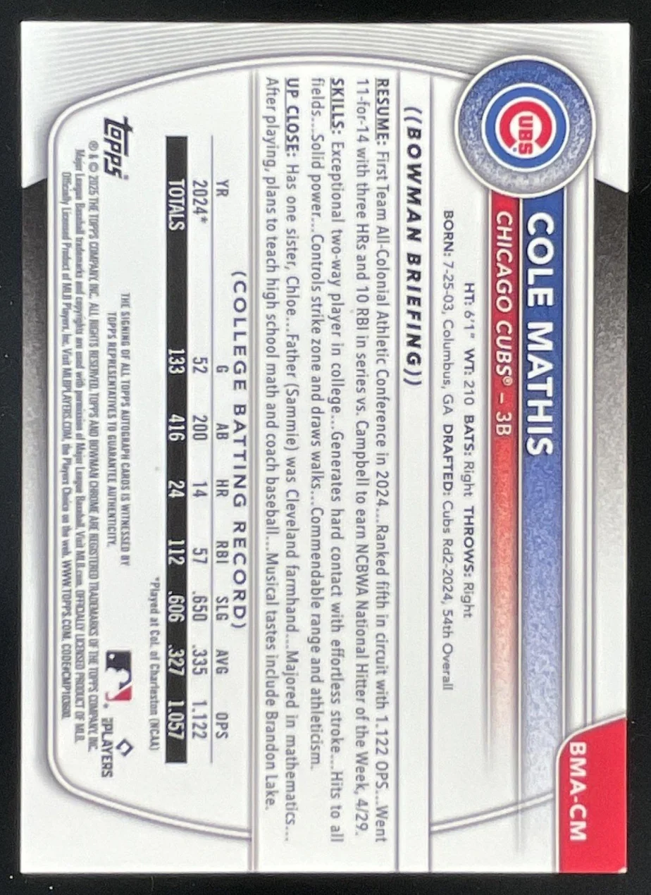 2025 Bowman Chrome Prospect Mega Box Black Refractors #CM Cole Mathis Auto /10 - Image 2