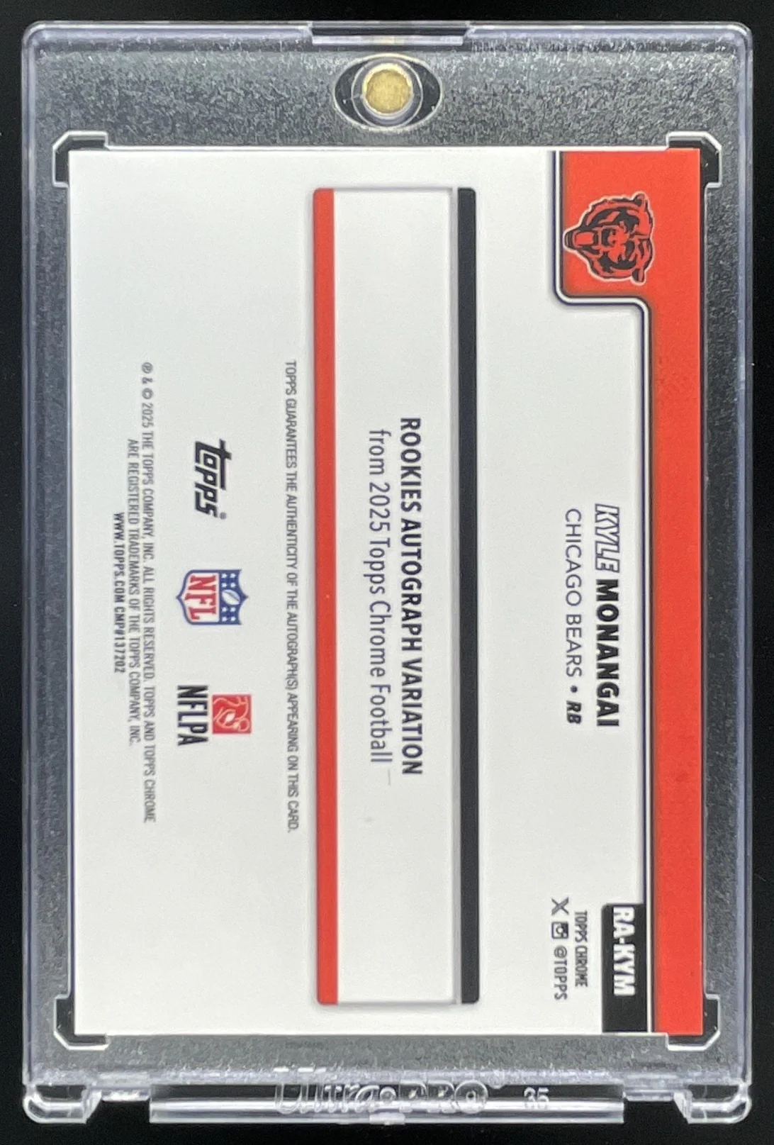 2025 Topps Chrome Rookie Autograph Orange Lava #RA-KYM Kyle Monangai RC Auto /25 - Image 2