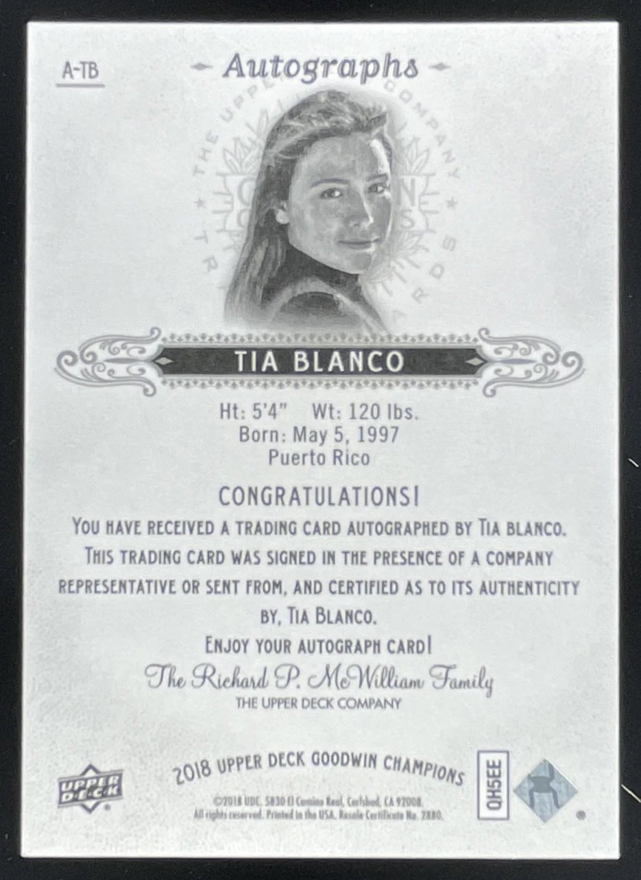 2018 Upper Deck Goodwin Champions Autographs #A-TB Tia Blanco Autograph Auto - Image 2