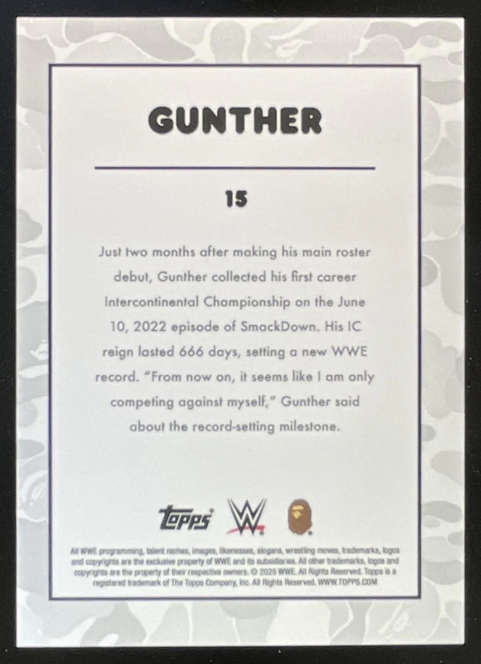 2025 Topps WWE x Bape Black And White Camo #15 GUNTHER /50 - Image 2