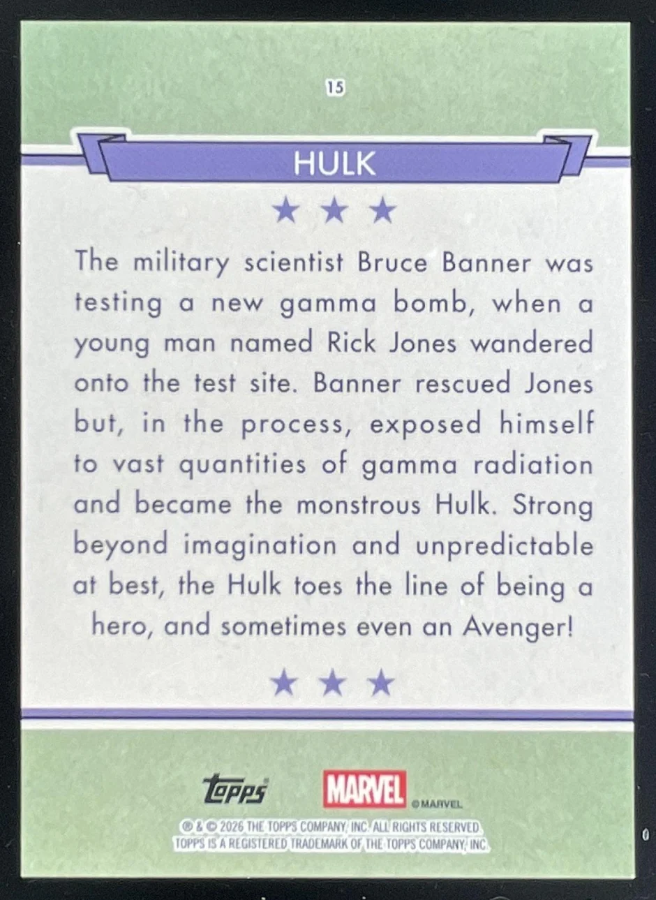 2026 Topps Brooklyn Collection Marvel Captain America Chartreuse #15 Hulk /99 - Image 2