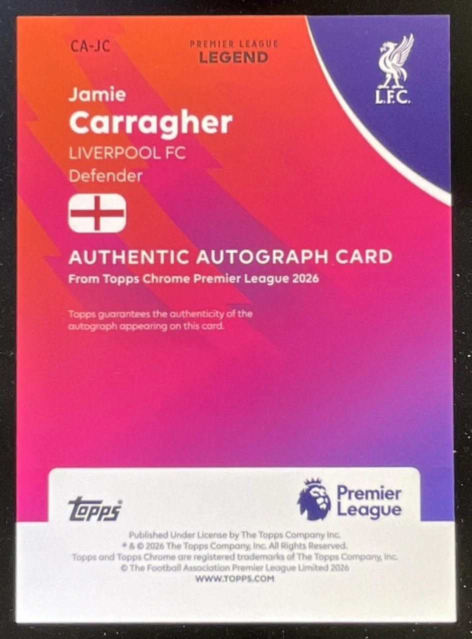 2026 Topps Chrome Premier League Chrome Purple Wave Jamie Carragher Auto /75 - Image 2