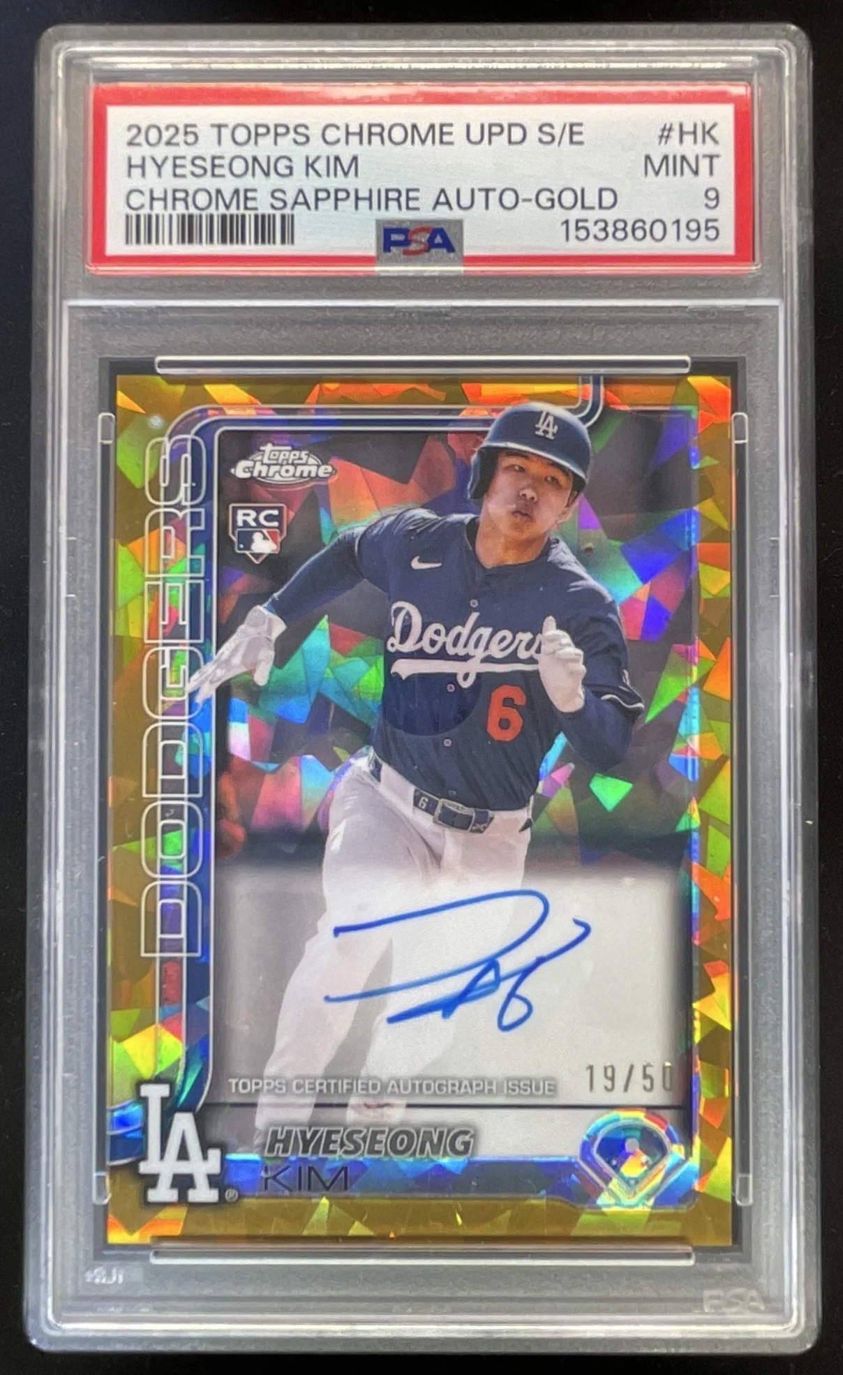 2025 Topps Chrome Update Sapphire Gold #USA-HK Hyeseong Kim RC Auto /50 PSA 9
